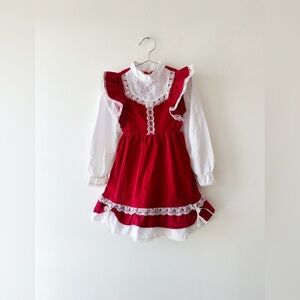 Vintage - Reitmans Dress - Red Velvet with White Lace/Ruffle-Long Sleeve - Size6